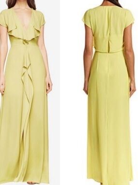 BCBGMaxAzria Chartreuse Lime Drape Ruffle V-Neck Sleeveless Maxi Gown Sz 4